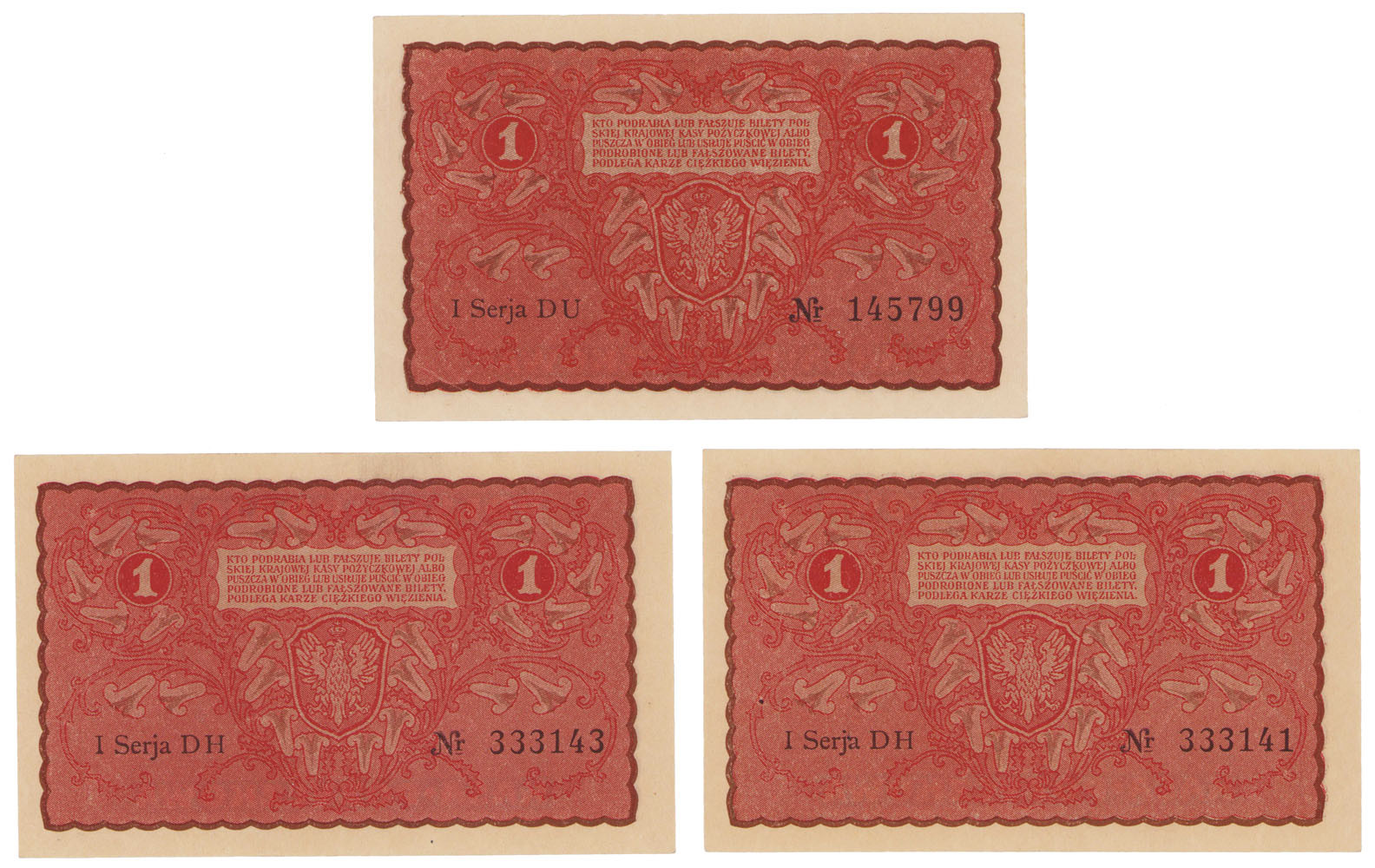 1 marka polska 1919, seria I-DH i I-DU, zestaw 3 banknotów